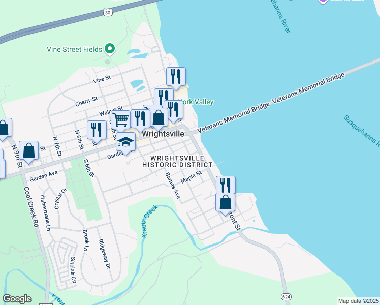 map of restaurants, bars, coffee shops, grocery stores, and more near 112 Orange Street in Wrightsville