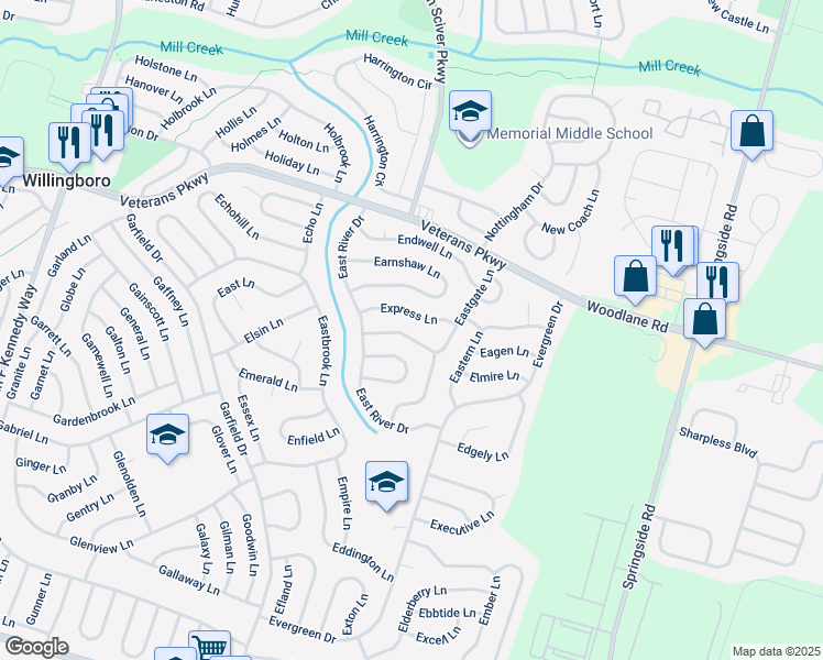 map of restaurants, bars, coffee shops, grocery stores, and more near 23 Eastgate Lane in Willingboro