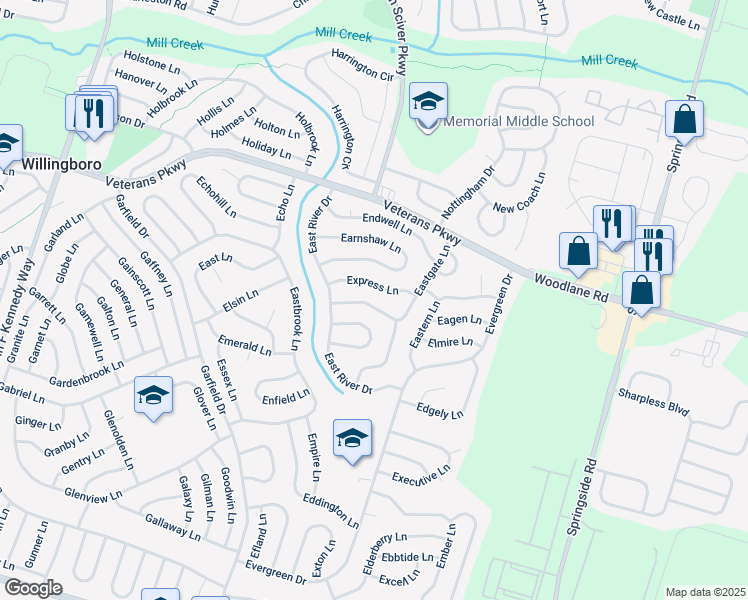 map of restaurants, bars, coffee shops, grocery stores, and more near 23 Eastgate Lane in Willingboro