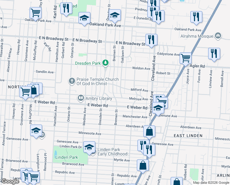 map of restaurants, bars, coffee shops, grocery stores, and more near 2820 Bremen Street in Columbus