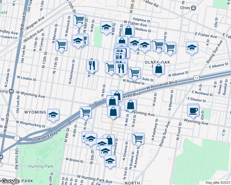 map of restaurants, bars, coffee shops, grocery stores, and more near 4800 North 5th Street in Philadelphia