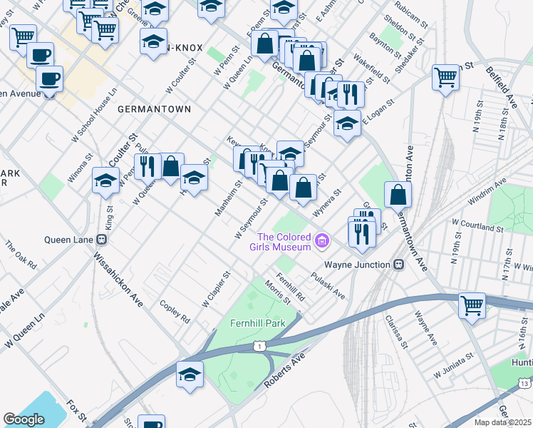 map of restaurants, bars, coffee shops, grocery stores, and more near 237 West Clapier Street in Philadelphia
