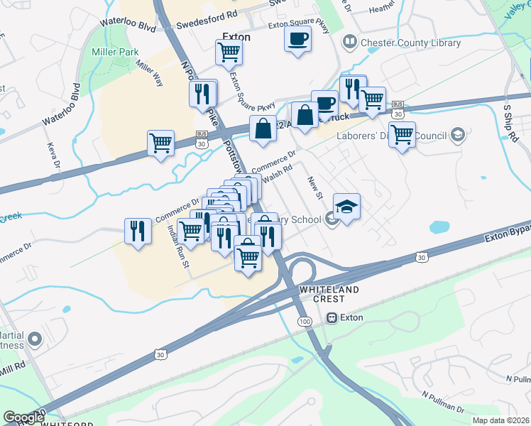 map of restaurants, bars, coffee shops, grocery stores, and more near 216 Crest Avenue in Exton