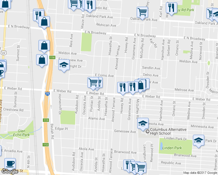 map of restaurants, bars, coffee shops, grocery stores, and more near 2894 Hiawatha Street in Columbus