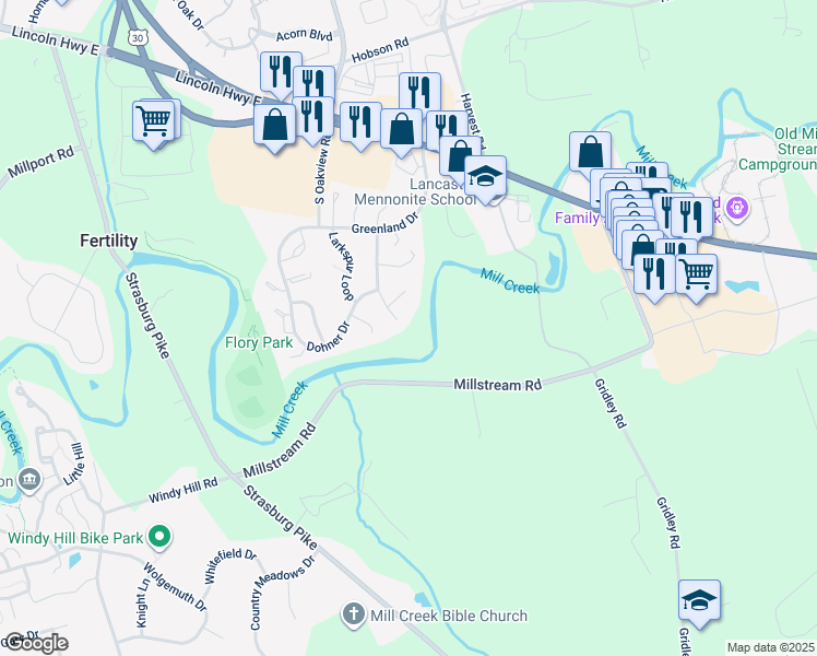 map of restaurants, bars, coffee shops, grocery stores, and more near 457 Coreopsis Drive in Lancaster