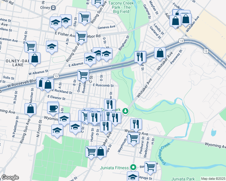 map of restaurants, bars, coffee shops, grocery stores, and more near 4943 Rorer Street in Philadelphia