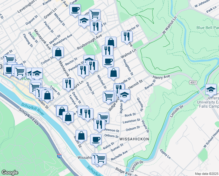 map of restaurants, bars, coffee shops, grocery stores, and more near 458 Seville Street in Philadelphia