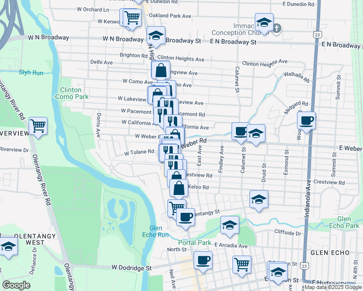 map of restaurants, bars, coffee shops, grocery stores, and more near 24 E Weber Rd in Columbus