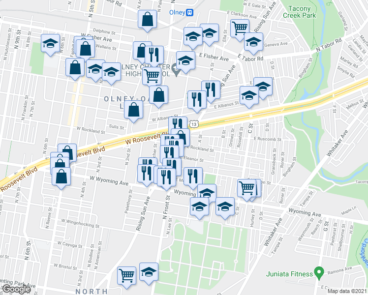 map of restaurants, bars, coffee shops, grocery stores, and more near 4847 Rising Sun Avenue in Philadelphia