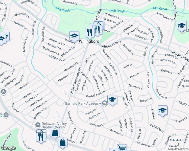 map of restaurants, bars, coffee shops, grocery stores, and more near 44 Gamewell Lane in Willingboro