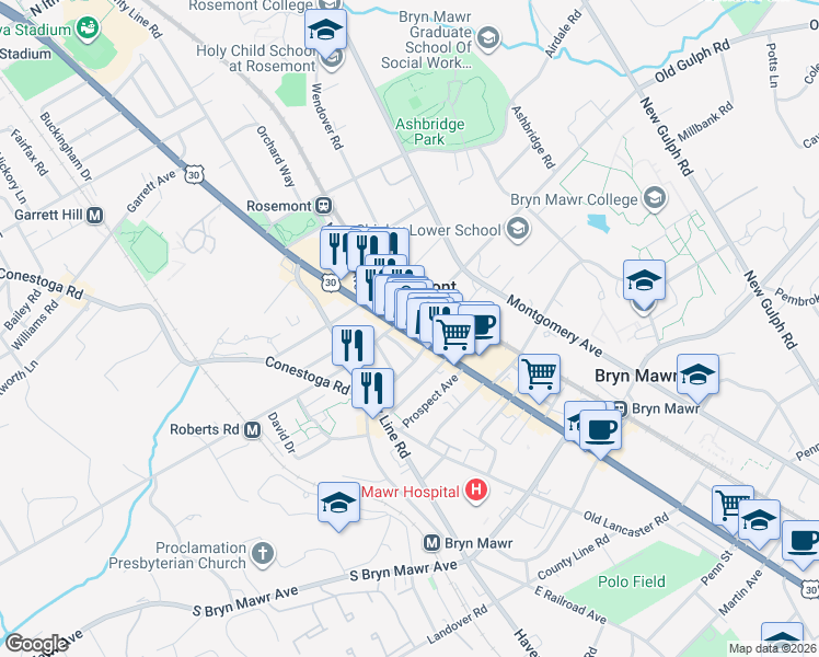 map of restaurants, bars, coffee shops, grocery stores, and more near in Bryn Mawr