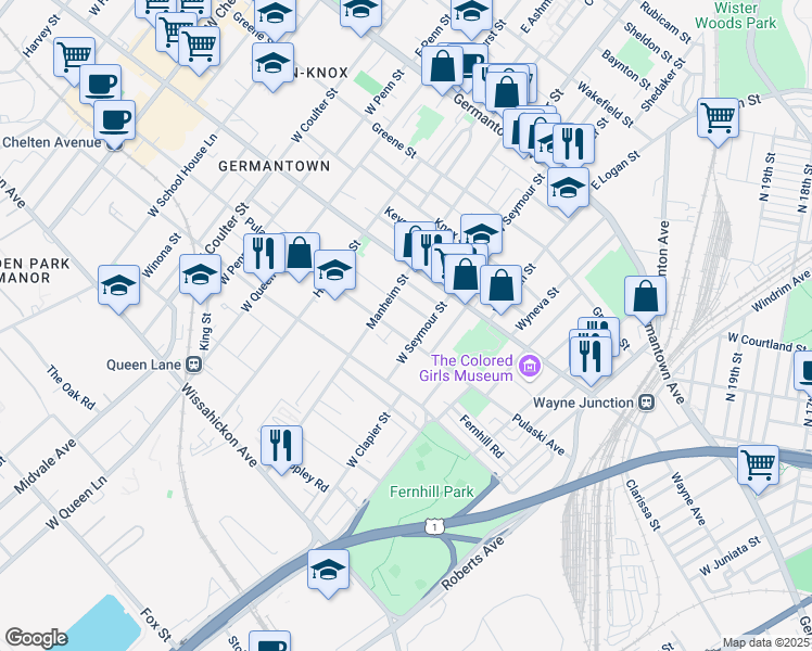 map of restaurants, bars, coffee shops, grocery stores, and more near 5019 Pulaski Avenue in Philadelphia