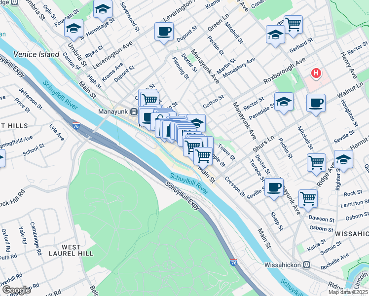 map of restaurants, bars, coffee shops, grocery stores, and more near 4235 Main Street in Philadelphia