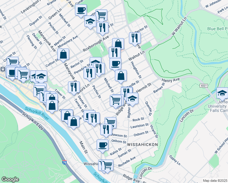 map of restaurants, bars, coffee shops, grocery stores, and more near 4003 Mitchell Street in Philadelphia