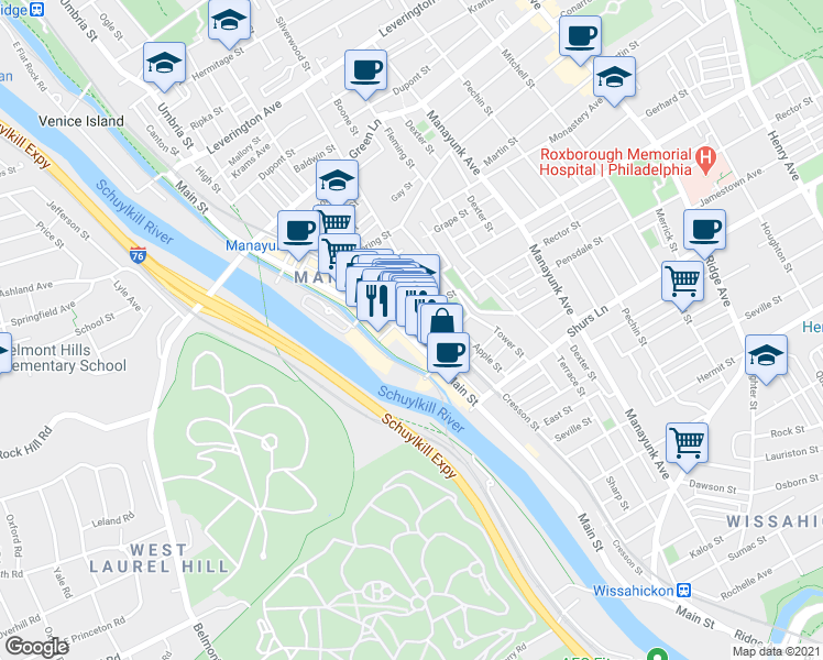 map of restaurants, bars, coffee shops, grocery stores, and more near 4235 Main Street in Philadelphia
