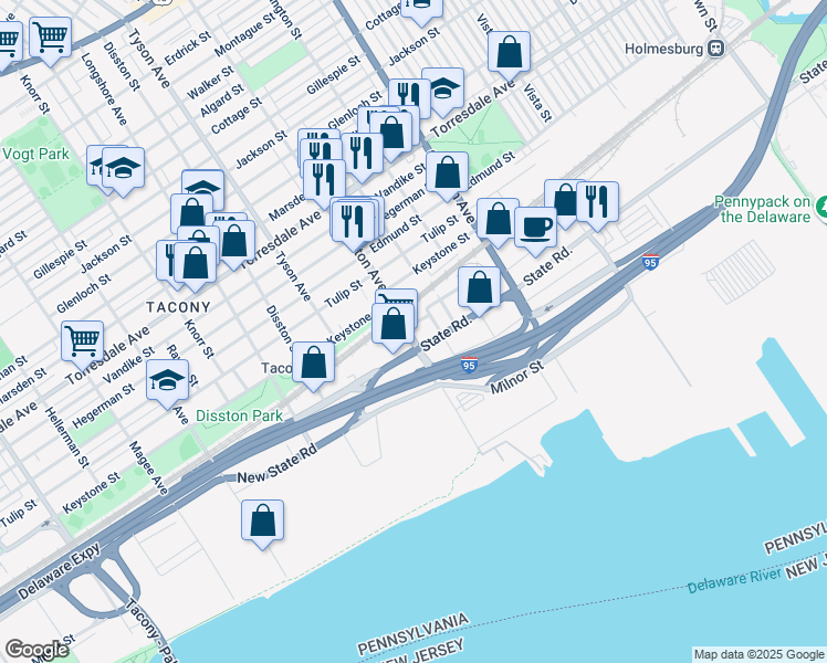 map of restaurants, bars, coffee shops, grocery stores, and more near 4957 Princeton Avenue in Philadelphia
