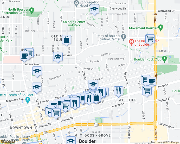 map of restaurants, bars, coffee shops, grocery stores, and more near 2049 Bluff Street in Boulder