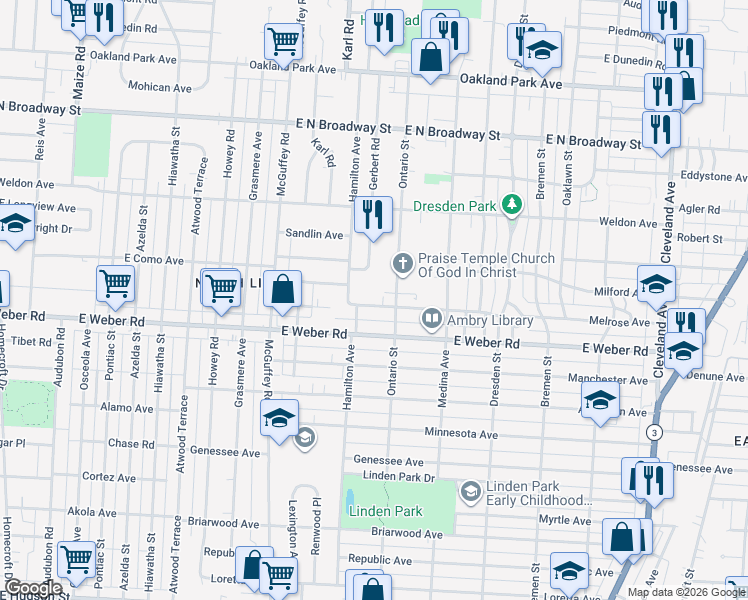 map of restaurants, bars, coffee shops, grocery stores, and more near 1304 Melrose Avenue in Columbus