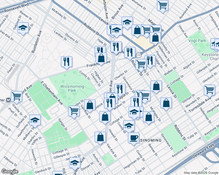 map of restaurants, bars, coffee shops, grocery stores, and more near 6060 Harbison Avenue in Philadelphia
