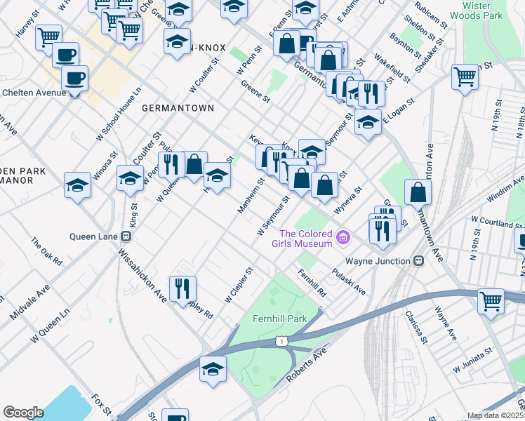 map of restaurants, bars, coffee shops, grocery stores, and more near 5019 Pulaski Avenue in Philadelphia