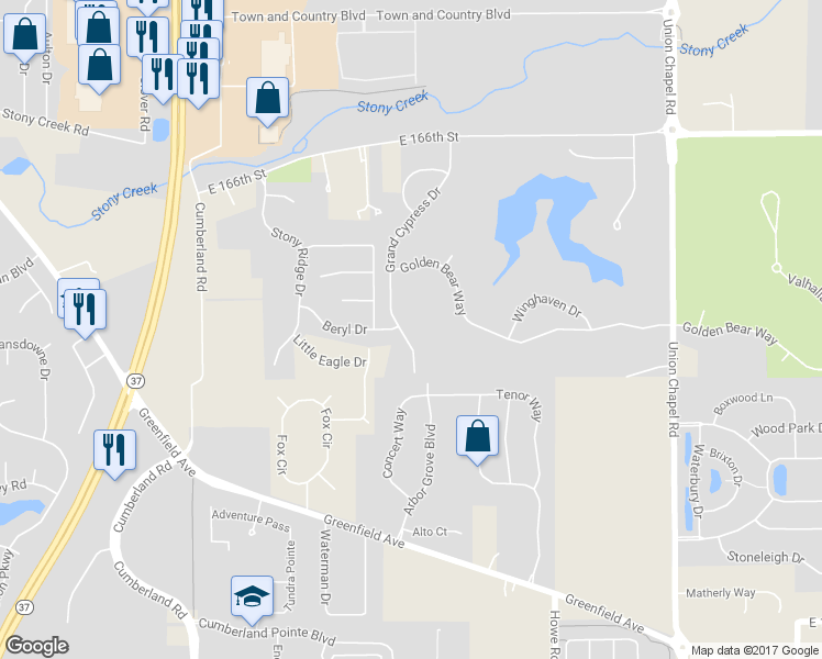 map of restaurants, bars, coffee shops, grocery stores, and more near 16200 Grand Cypress Drive in Noblesville