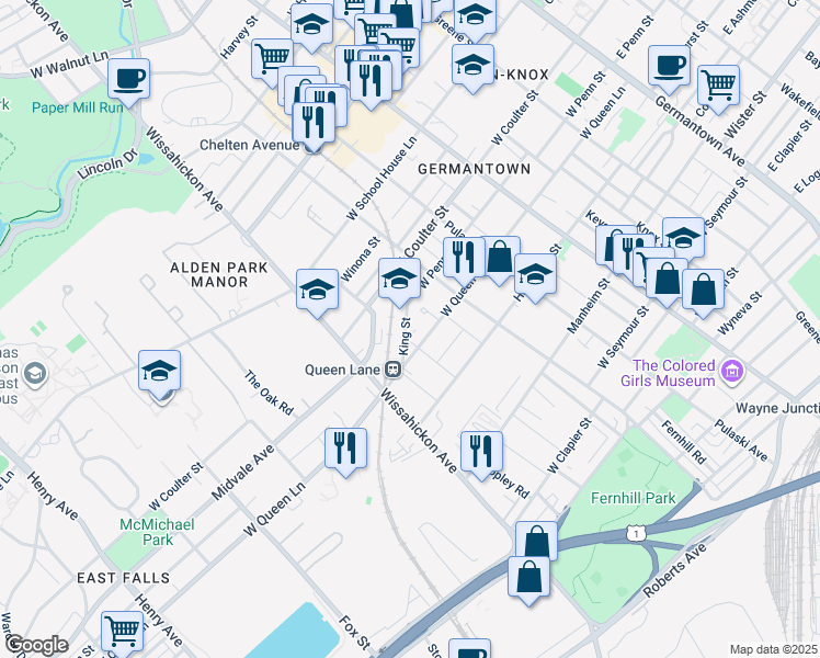 map of restaurants, bars, coffee shops, grocery stores, and more near 494 King Street in Philadelphia