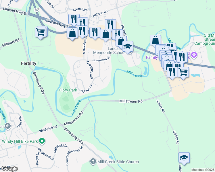 map of restaurants, bars, coffee shops, grocery stores, and more near 457 Coreopsis Drive in Lancaster