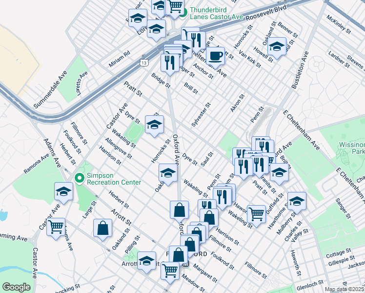 map of restaurants, bars, coffee shops, grocery stores, and more near 5117 Oxford Avenue in Philadelphia