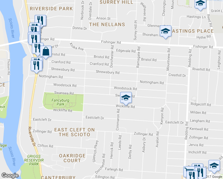 map of restaurants, bars, coffee shops, grocery stores, and more near 2471 Woodstock Road in Columbus