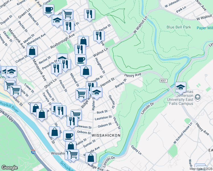 map of restaurants, bars, coffee shops, grocery stores, and more near 591 Hermit St in Philadelphia
