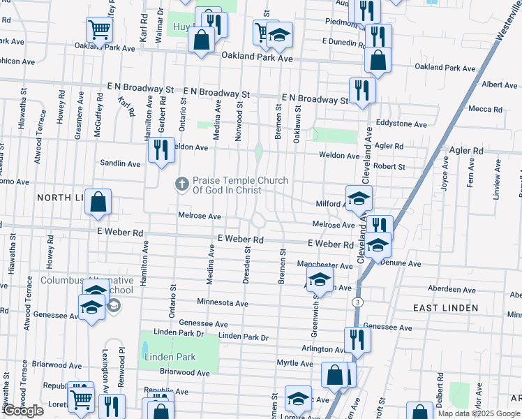 map of restaurants, bars, coffee shops, grocery stores, and more near 1526 Melrose Ave in Columbus