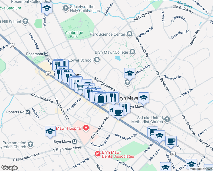 map of restaurants, bars, coffee shops, grocery stores, and more near 878 Montgomery Avenue in Bryn Mawr