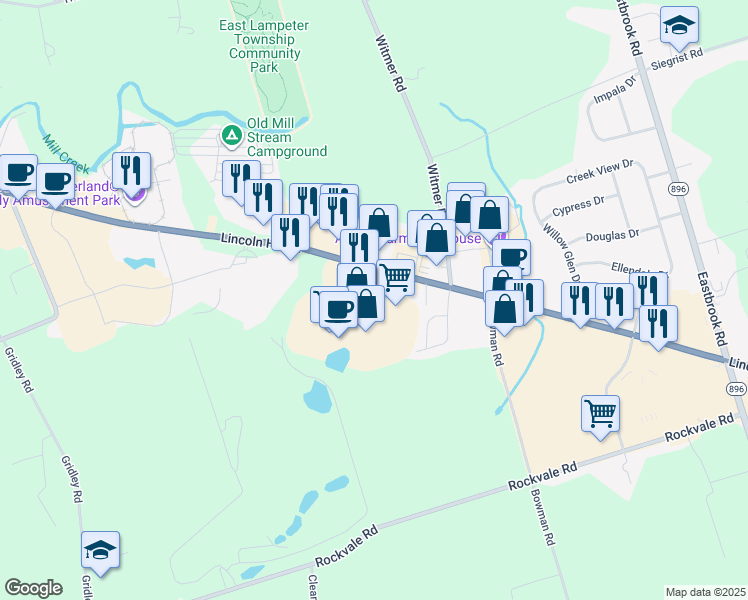 map of restaurants, bars, coffee shops, grocery stores, and more near 2350 Lincoln Highway East in Lancaster