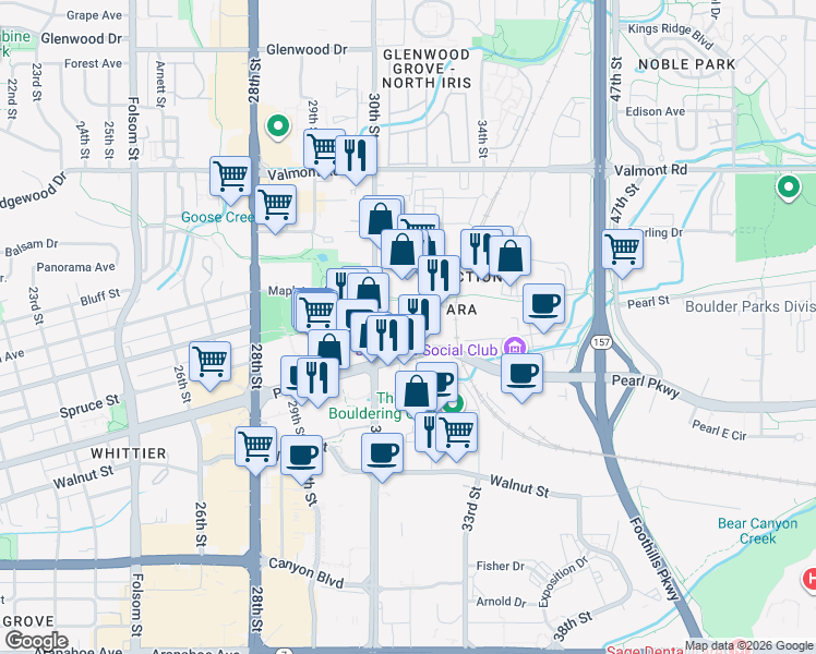 map of restaurants, bars, coffee shops, grocery stores, and more near 2280 Junction Place in Boulder