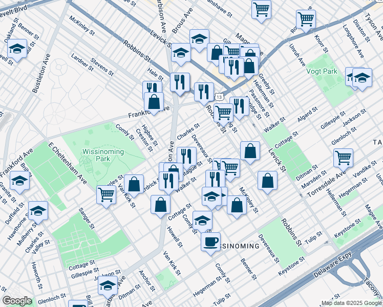 map of restaurants, bars, coffee shops, grocery stores, and more near 6138 Erdrick Street in Philadelphia