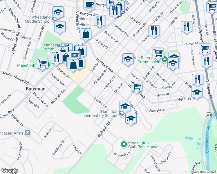 map of restaurants, bars, coffee shops, grocery stores, and more near 1204 Fremont Street in Lancaster