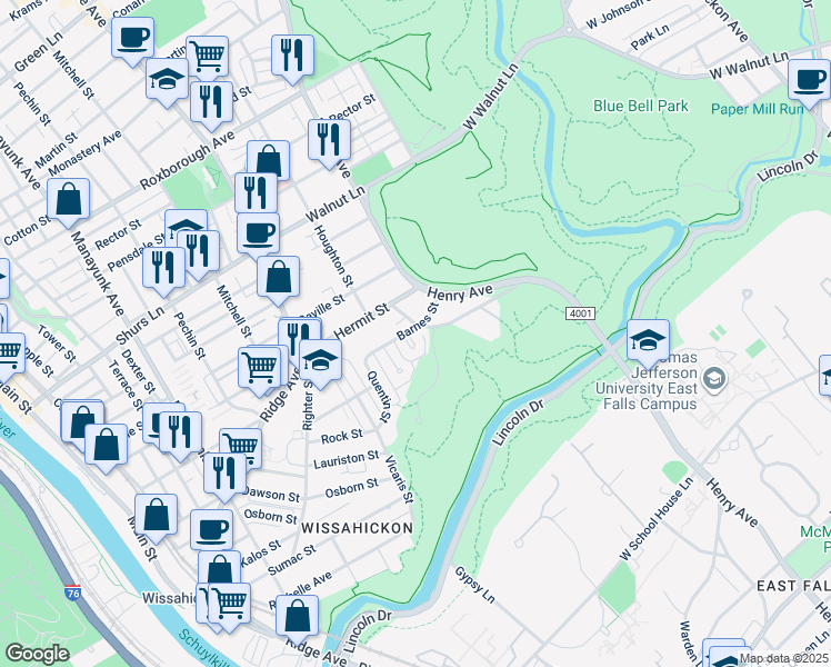 map of restaurants, bars, coffee shops, grocery stores, and more near 5280 Hermit Lane in Philadelphia