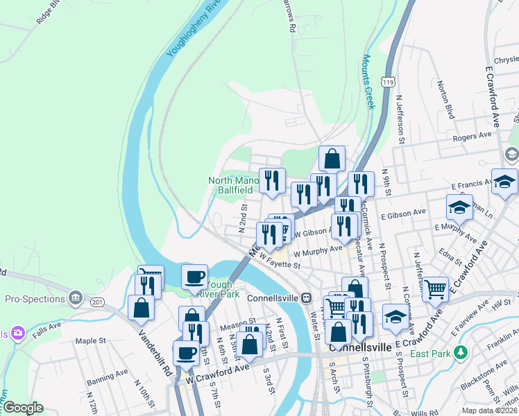 map of restaurants, bars, coffee shops, grocery stores, and more near 502 Francis Avenue in Connellsville