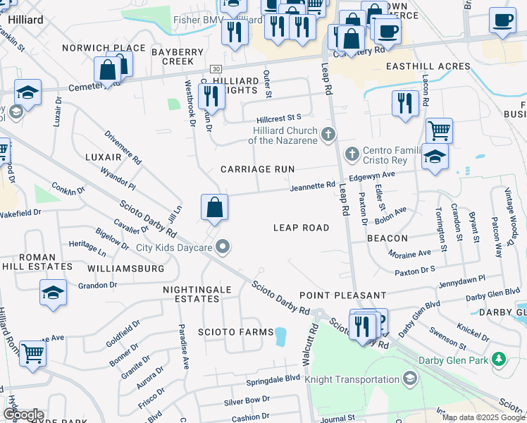 map of restaurants, bars, coffee shops, grocery stores, and more near 4811 Jeannette Road in Hilliard