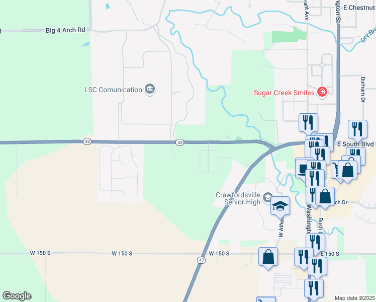 map of restaurants, bars, coffee shops, grocery stores, and more near 585 Indiana 32 in Crawfordsville
