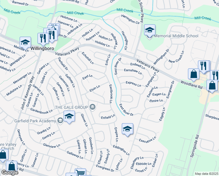 map of restaurants, bars, coffee shops, grocery stores, and more near 99 Eastbrook Lane in Willingboro