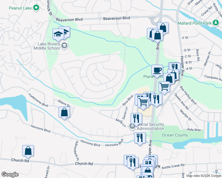 map of restaurants, bars, coffee shops, grocery stores, and more near 121 Lions Head Boulevard South in Brick Township