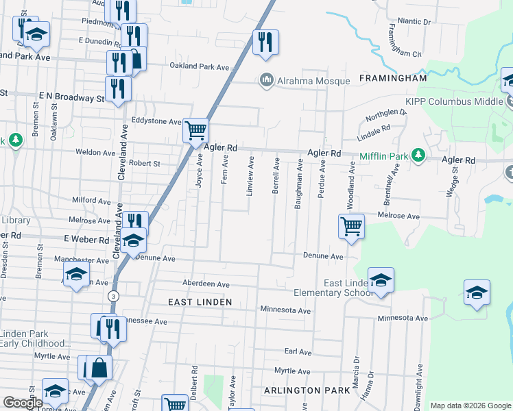 map of restaurants, bars, coffee shops, grocery stores, and more near 2754 Linview Avenue in Columbus