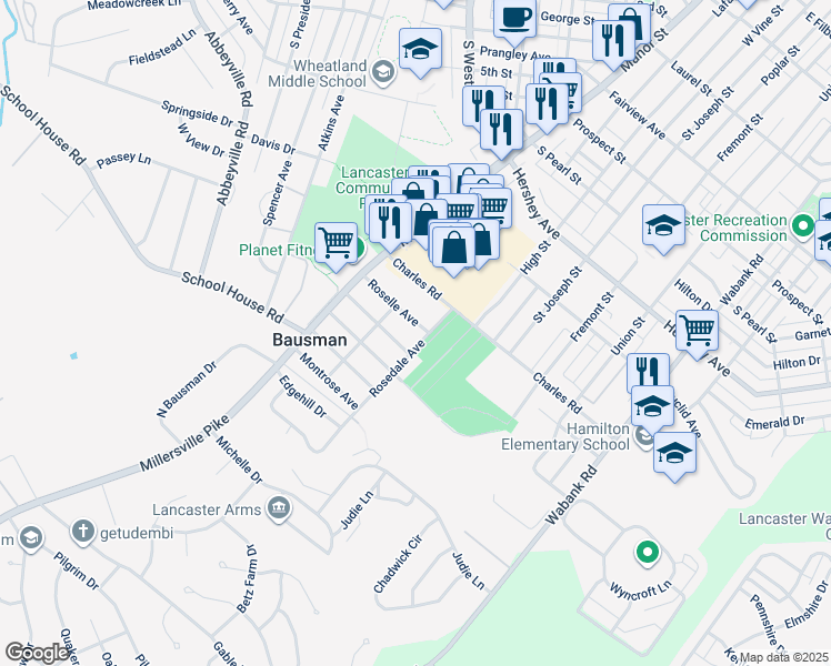 map of restaurants, bars, coffee shops, grocery stores, and more near 136 Roselle Avenue in Lancaster