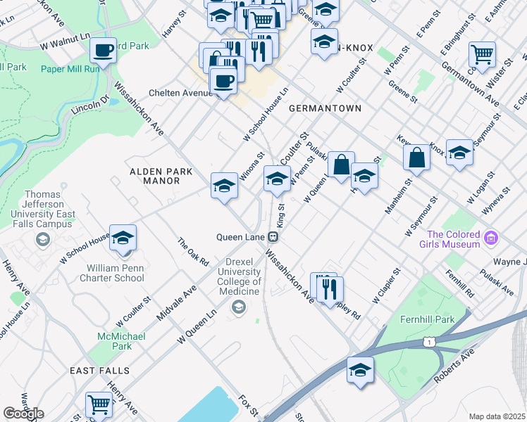 map of restaurants, bars, coffee shops, grocery stores, and more near 526 Midvale Avenue in Philadelphia