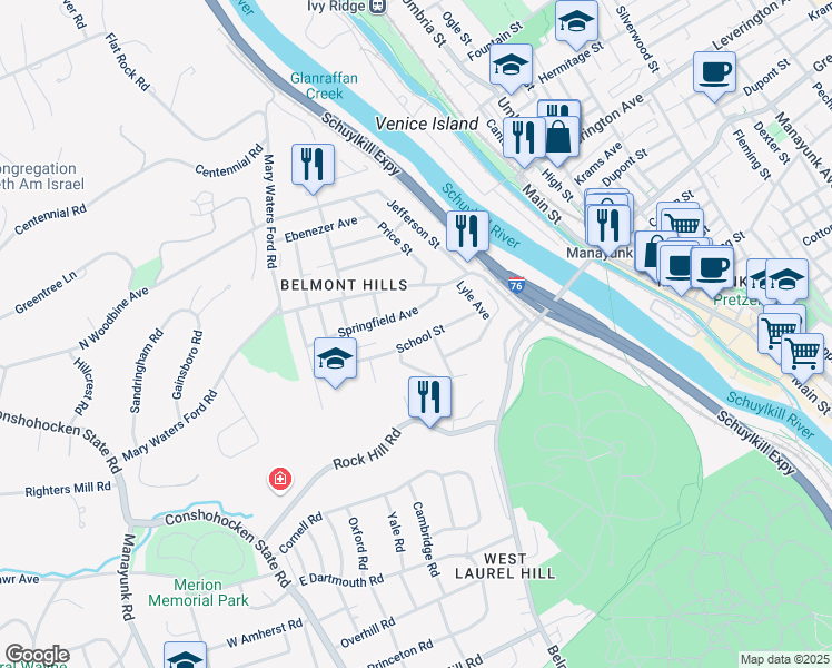 map of restaurants, bars, coffee shops, grocery stores, and more near 163 School Street in Bala Cynwyd