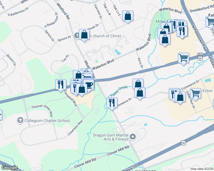 map of restaurants, bars, coffee shops, grocery stores, and more near 107 South Whitford Road in Exton