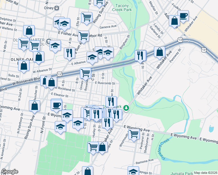 map of restaurants, bars, coffee shops, grocery stores, and more near 4939 D Street in Philadelphia