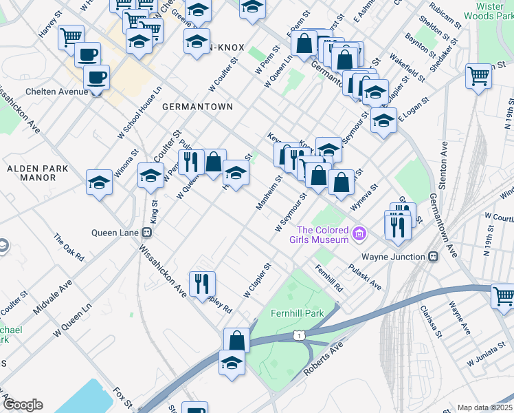 map of restaurants, bars, coffee shops, grocery stores, and more near 325 Manheim Street in Philadelphia