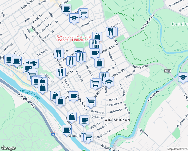 map of restaurants, bars, coffee shops, grocery stores, and more near 4003 Mitchell Street in Philadelphia